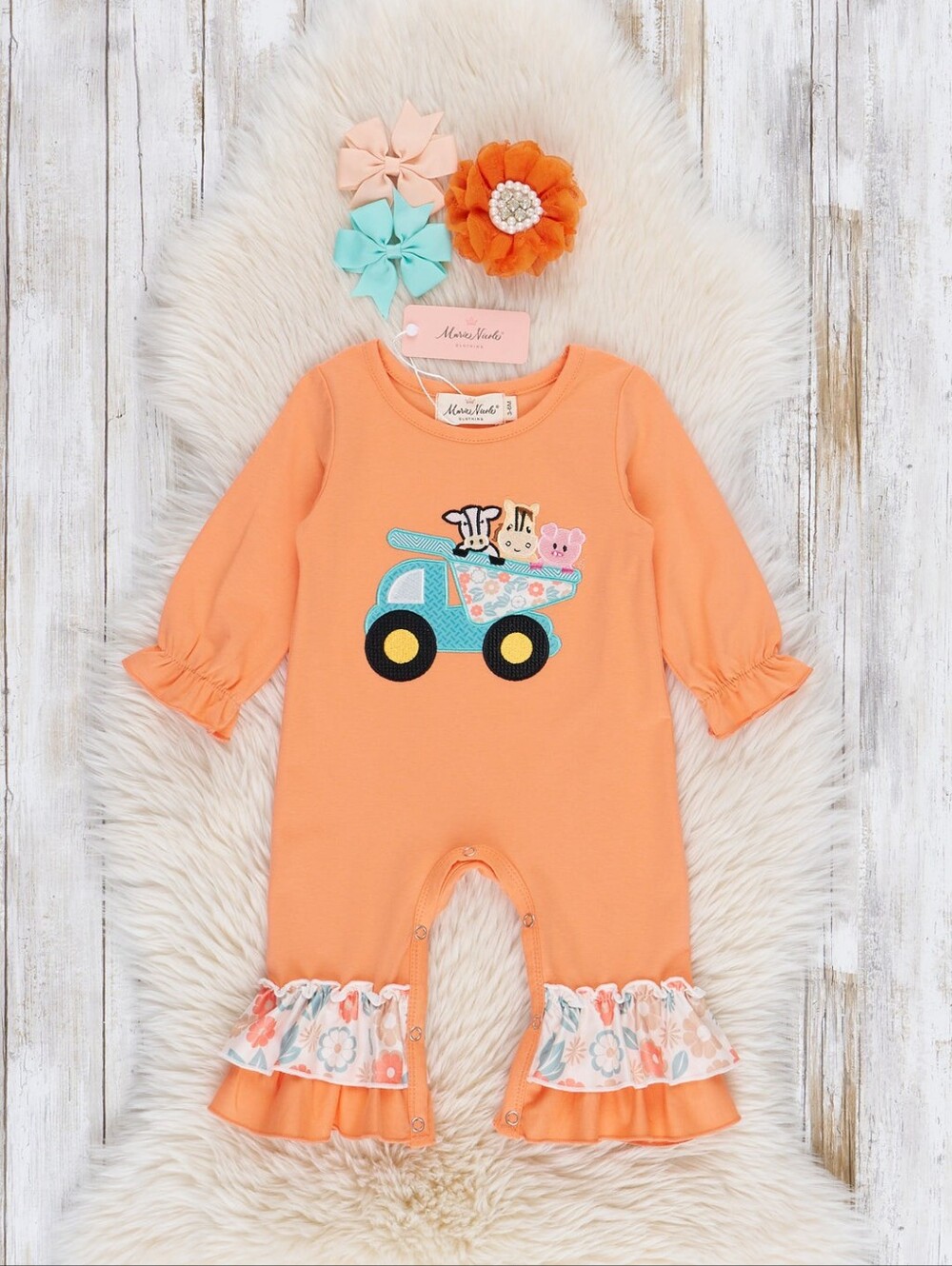 Marie Nicole Orange Animal Dump Truck Embroidered Romper 0–3M NWOT
